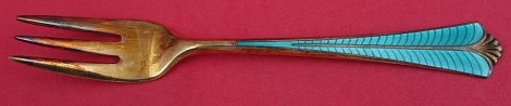 Pastry Fork 3-tine w/ teal enamel vermeil 5 3/4